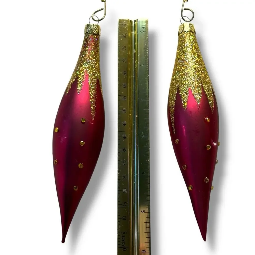 2 VTG Blown Glass Red Gold Glitter Rhinestone Icicle Oblong Christmas Ornaments
